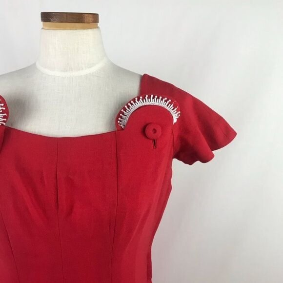 Vintage Handmade Red Pinup Tiered Ruffled Party Dress Beaded Accents Sz Medium - Picture 5 of 6